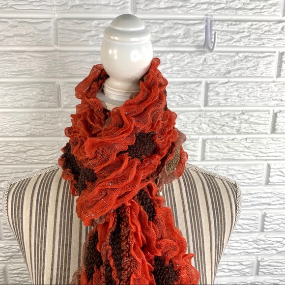 5/$25 Ruffled Floral Scarf Orange Brown Silver - Picture 2 of 8
